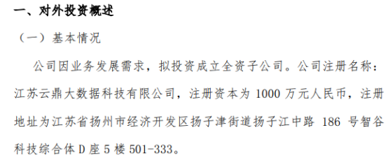 鼎集智能投资千万成立江苏云鼎大数据科技，布局第一类增值电信业务